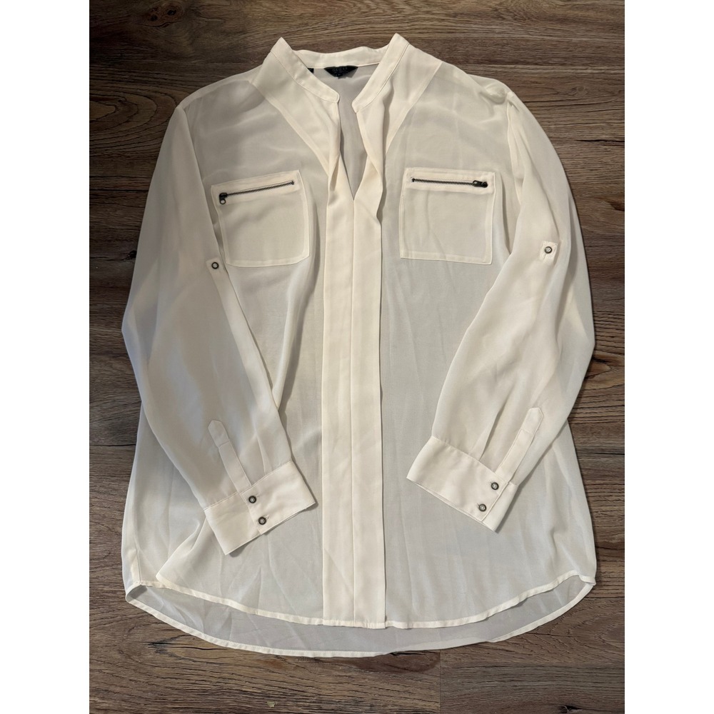 GUESS Womens Cream Long Sleeve Collared Zip Pocket Sheer Blouse Top Size L